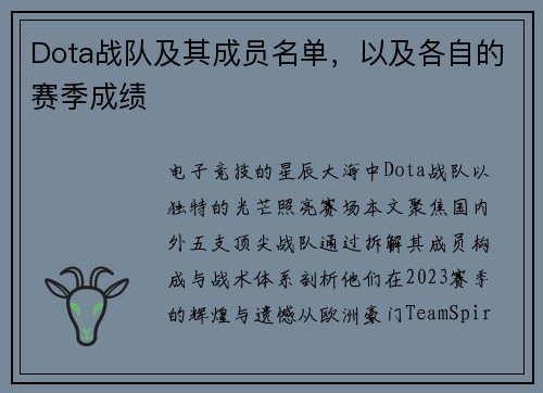 Dota战队及其成员名单，以及各自的赛季成绩